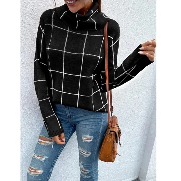 Black Grid Printed Long Sweater Plaid Pattern Split Sides Pullover Turtleneck - Picture 8 of 14